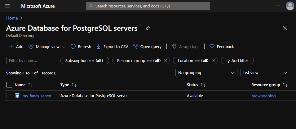 Screenshot of the Azure Database for PostgreSQL servers dashboard with one entry named “my-fancy-server”