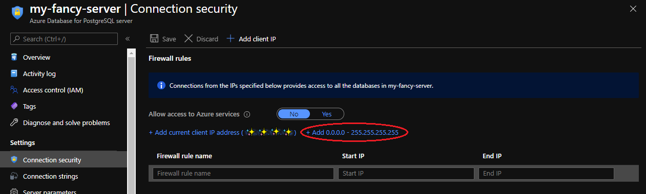 Screenshot of the firewall rules section for the connection security settings of an Azure for PostgreSQL database