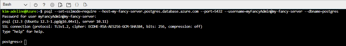 Screenshot of Azure Cloud Shell once authenticated in the Azure Database for PostgreSQL server on the postgres database using the psql command